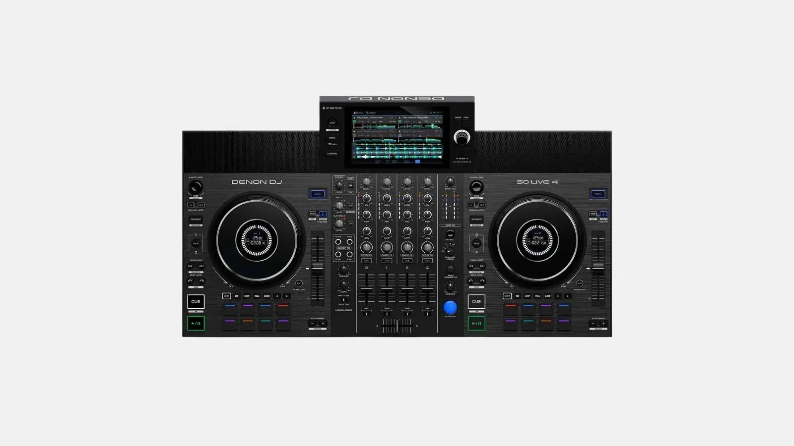 Denon DJ SC LIVE 4 Standalone DJ-Pult in Schwarz mit Touchscreen und zwei Jogwheels von oben vor weißem Hintergrund.