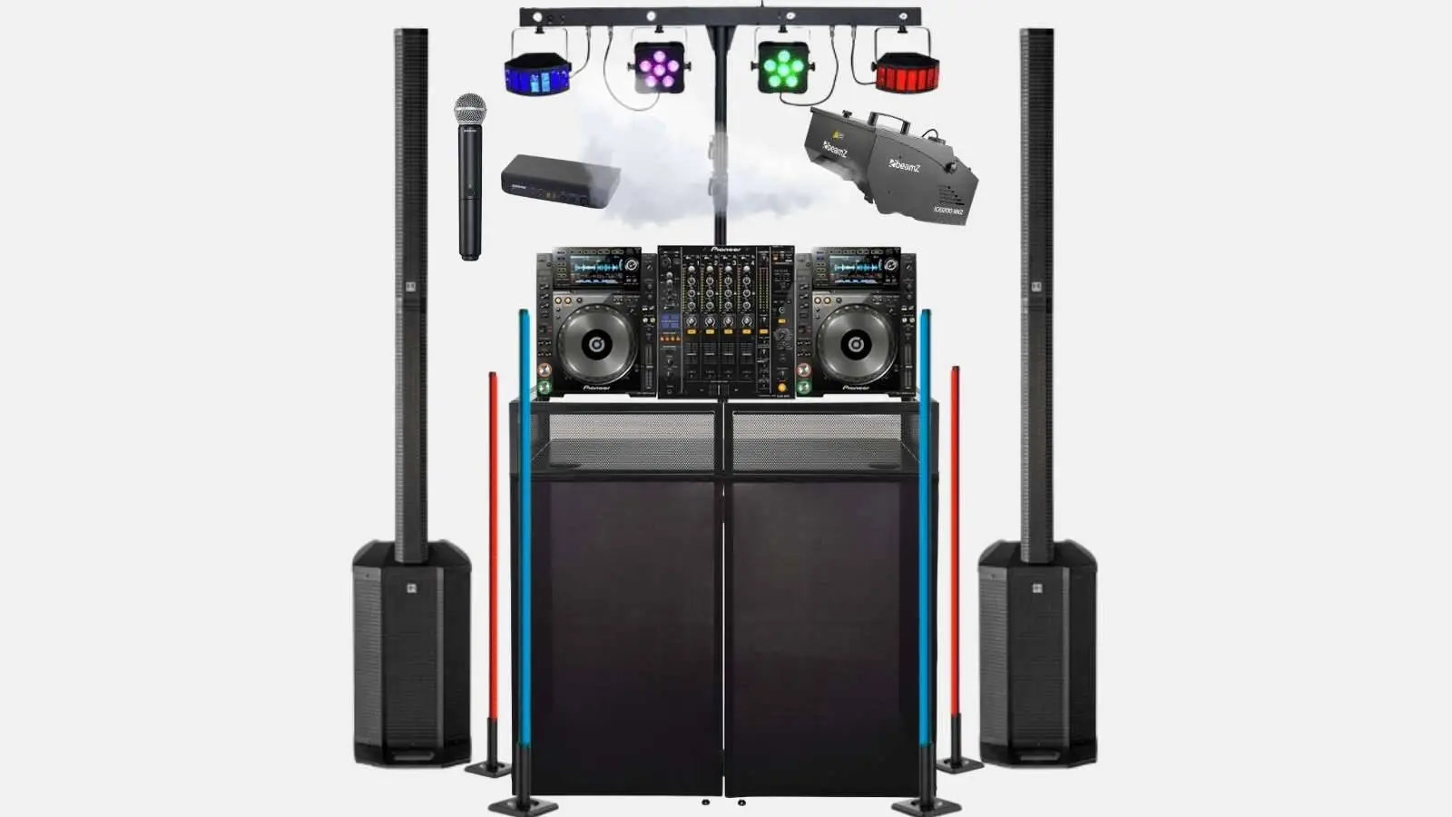 Pioneer CDJ 2000 NXS2 DJ-Setup mit HK Audio Polar 12 Säulenlautsprechern, LED-Lichtbar, farbigen LED-Tubes und Nebelmaschine.