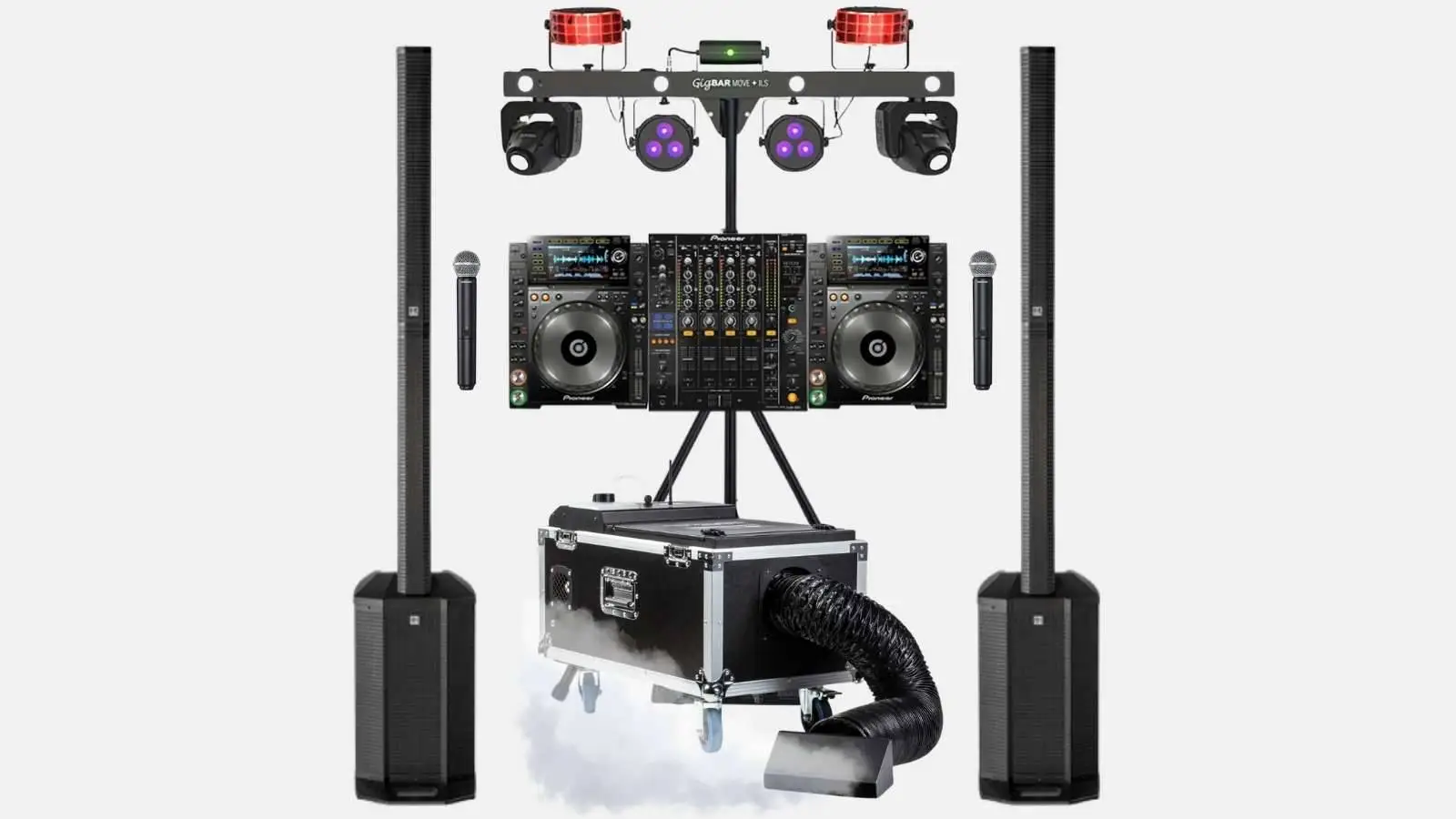 Pioneer CDJ 2000 NXS2 DJ-Setup mit Säulenlautsprechern, Chauvet GigBAR Move Lichtanlage, Nebelmaschine im Case und Funkmikrofonen.