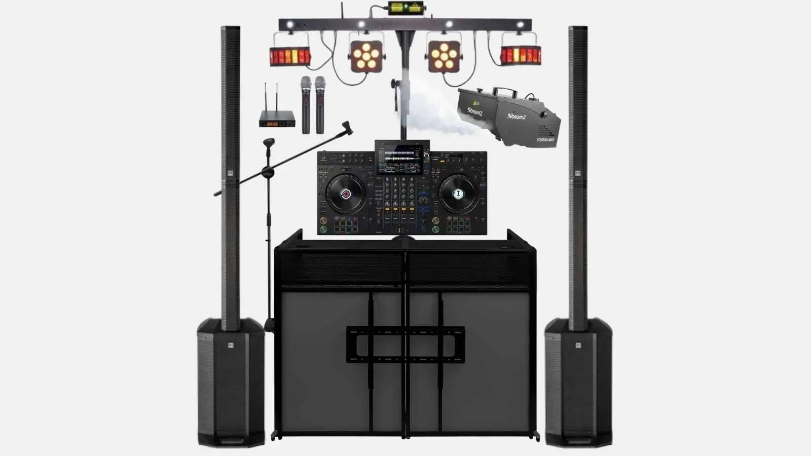Pioneer XDJ-AZ DJ-Controller mit HK Audio Polar 12 Säulenlautsprechern, Lichtbar, Nebelmaschine und DJ-Tisch mit TV-Halterung.