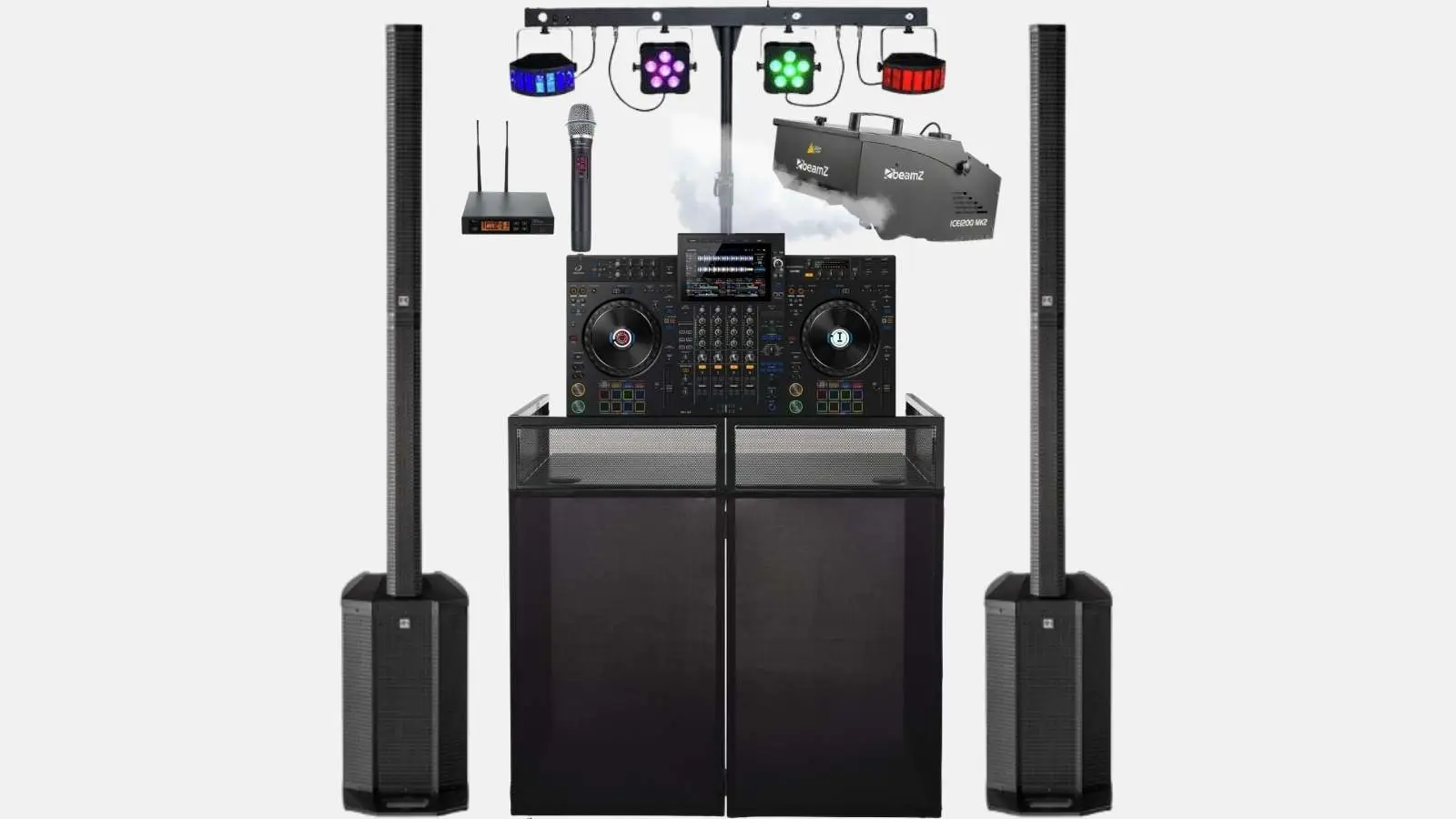 Pioneer XDJ-AZ All-in-One DJ-Controller mit zwei HK Audio Polar 12 Säulenlautsprechern, Lichtbar, Nebelmaschine und Funkmikrofon.
