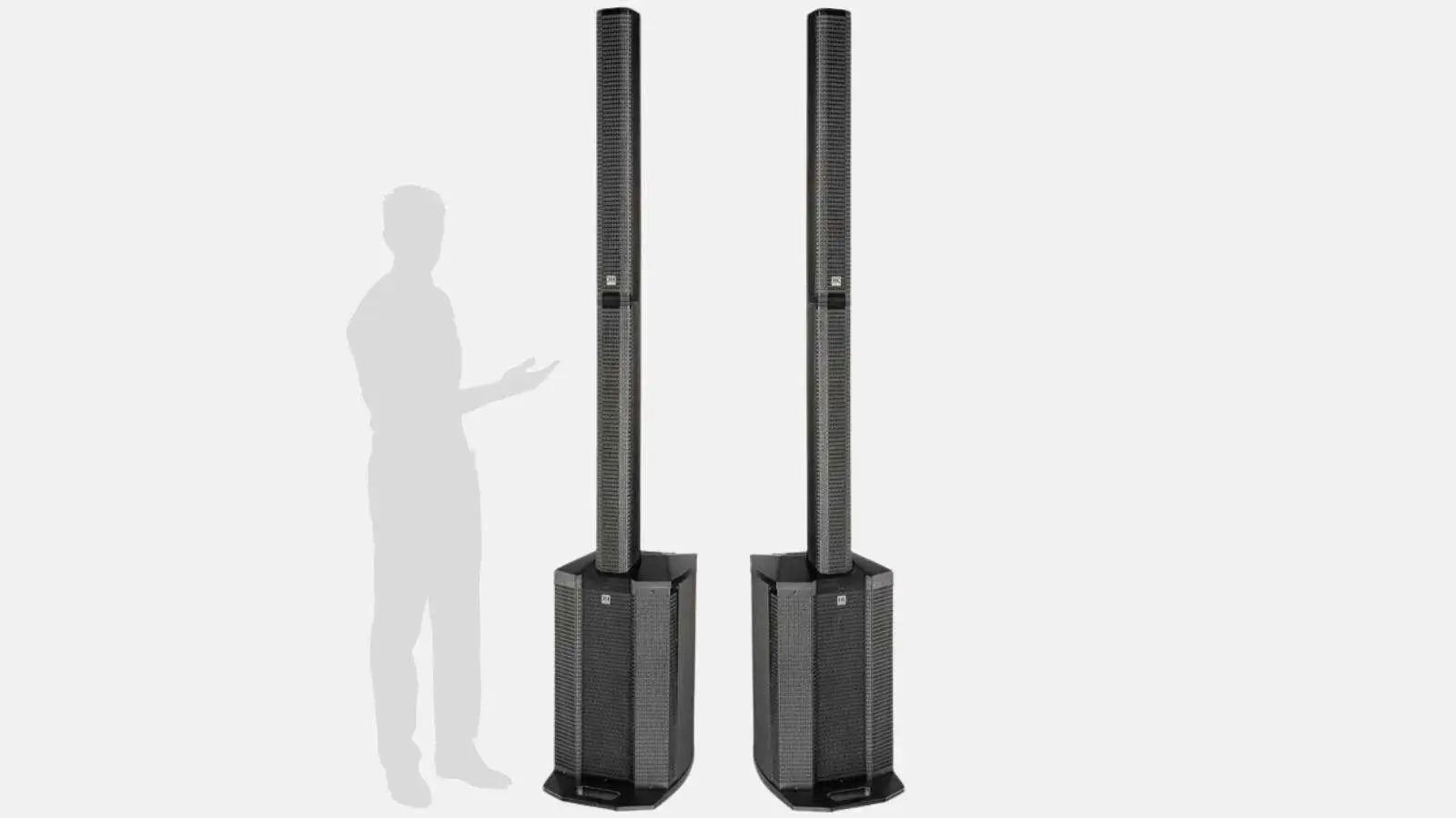 Zwei HK Audio Polar 12 Säulenlautsprecher nebeneinander mit Personen-Silhouette als Größenvergleich vor weißem Hintergrund.