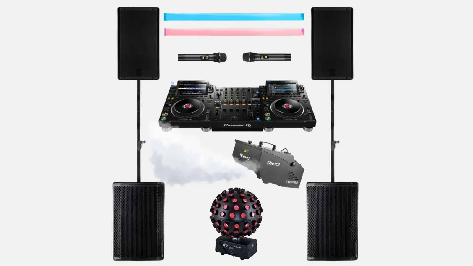 Pioneer CDJ 3000 mit DJM A9 Mixer im Profi-DJ-Setup mit RCF Säulen-PA, Lichtbar mit Moving Heads und Nebelmaschine.