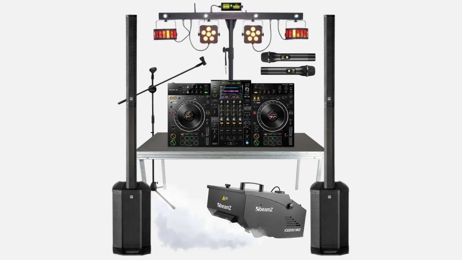 Pioneer XDJ-XZ All-in-One DJ-Controller mit PA-Lautsprechern, LED-Tubes, Lichteffekt-Kugel, Nebelmaschine und Funkmikrofonen.