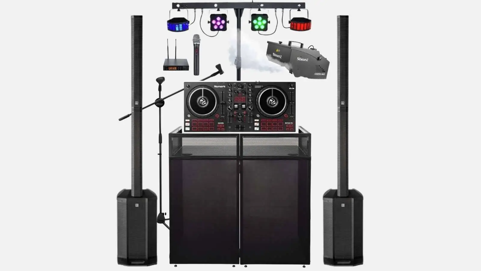 Numark Mixtrack Pro FX DJ-Controller im Set mit HK Audio Polar 12 Säulenlautsprechern, Lichtbar, Nebelmaschine und Funkmikrofon.