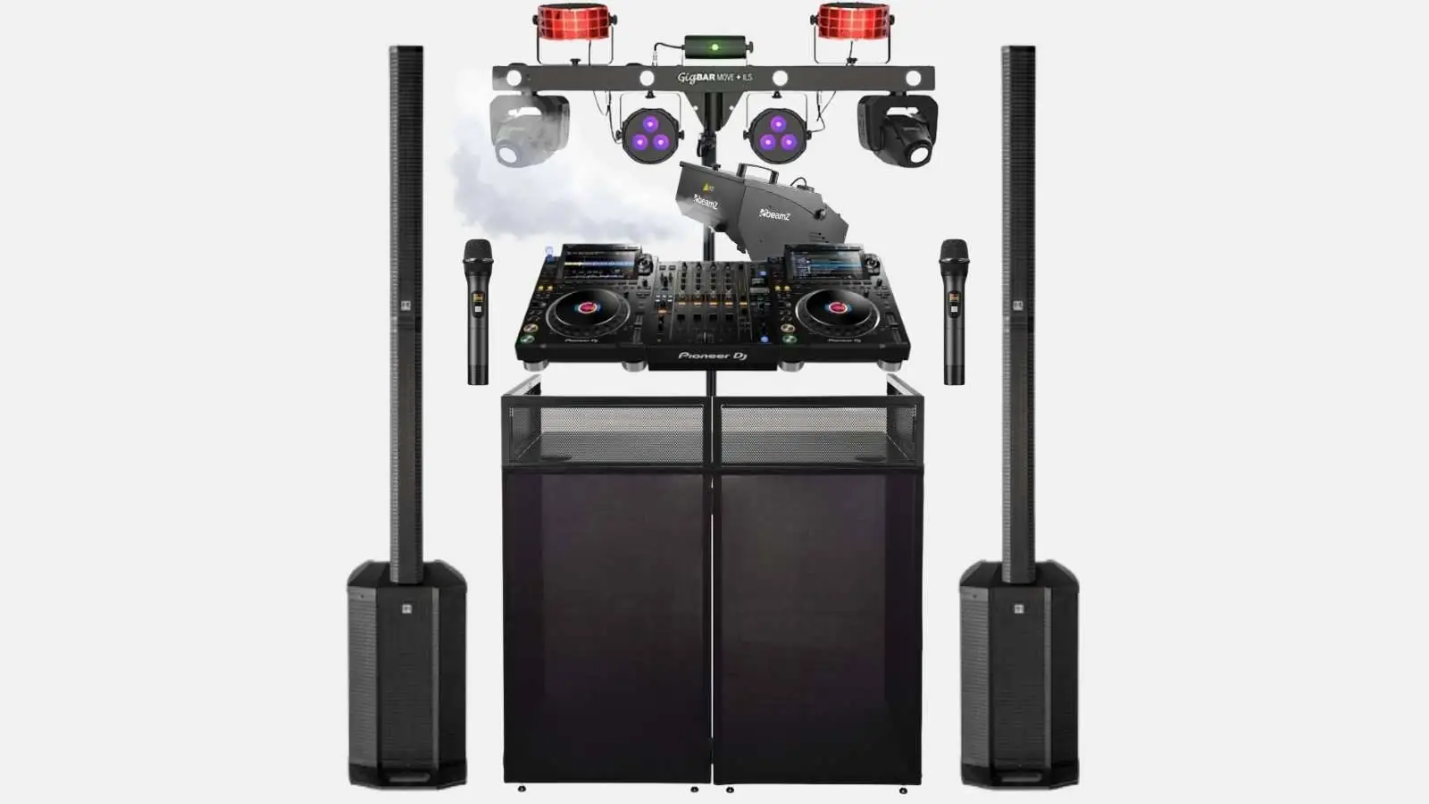 Pioneer CDJ 3000 DJ-Setup mit HK Audio Säulenlautsprechern, Chauvet GigBAR Move Lichtanlage, Nebelmaschine und Funkmikrofonen.
