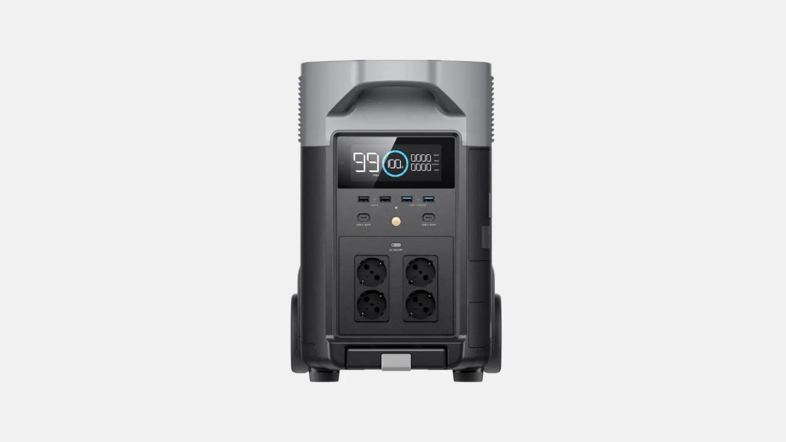 EcoFlow Delta Pro Powerstation in Anthrazit in Frontansicht mit Display, USB-Ports und vier Schuko-Steckdosen.