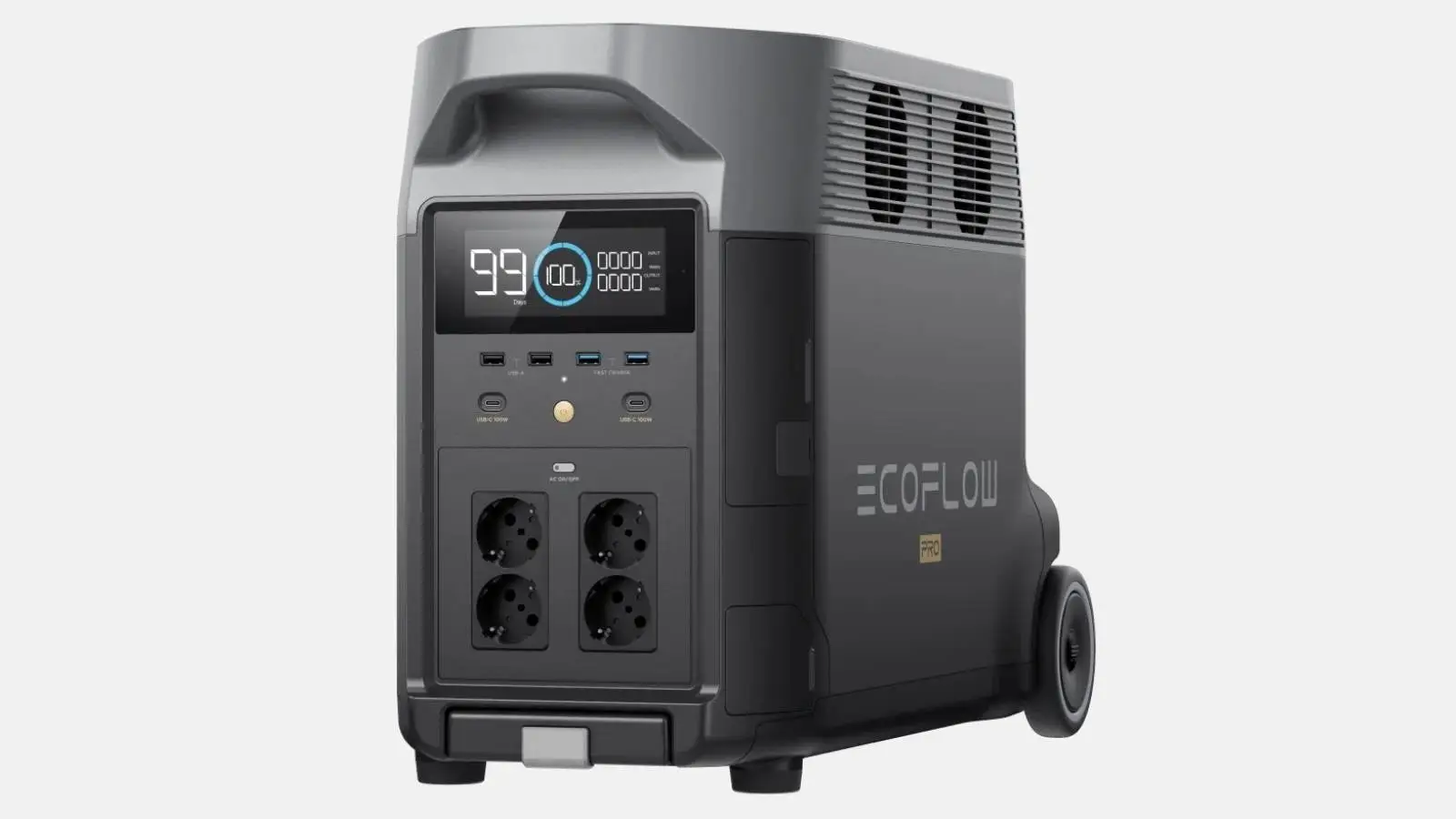 EcoFlow Delta Pro Powerstation in Anthrazit mit Trolley-Griff, Rollen und vier Schuko-Steckdosen vor hellem Hintergrund.