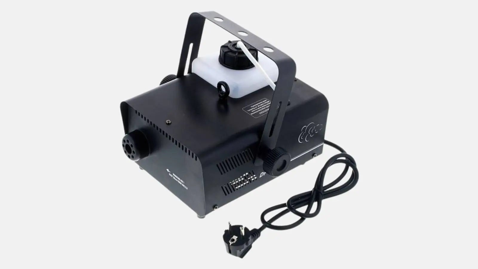 DJ Power DF-V9C Nebelmaschine in Schwarz mit Fluidtank und Netzkabel vor weißem Hintergrund.