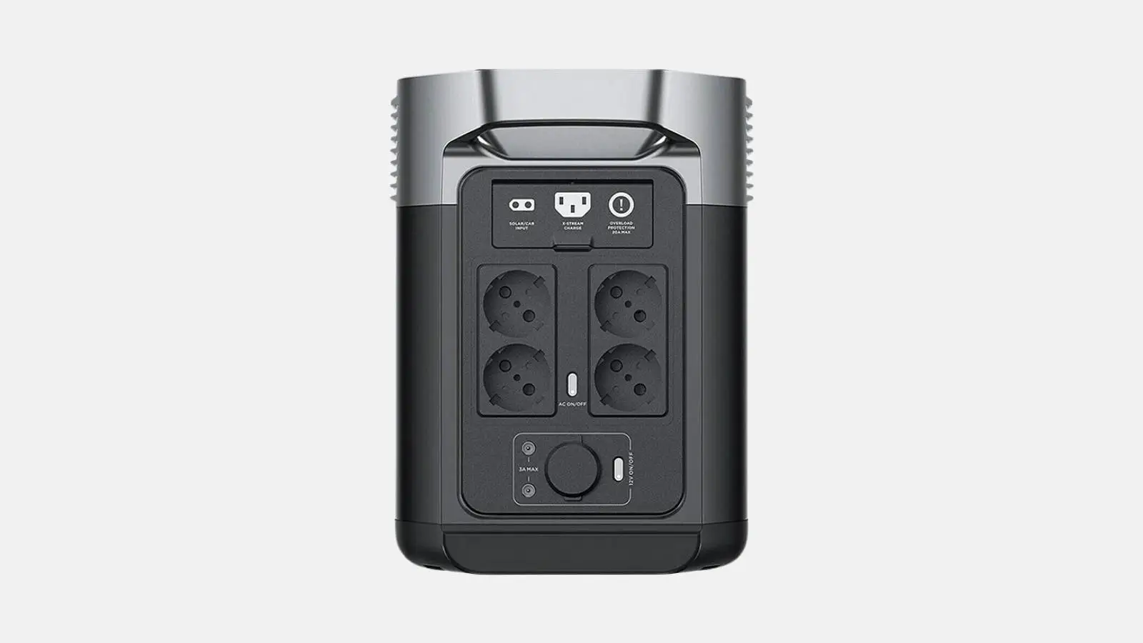 EcoFlow Delta 2 Powerstation Rückseite mit vier Schuko-Steckdosen vor weißem Hintergrund.