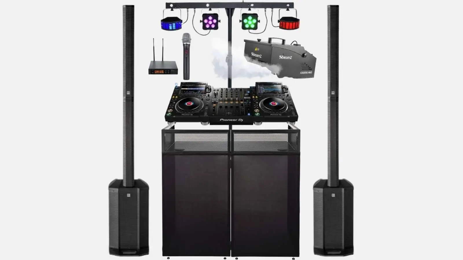 Pioneer CDJ 3000 mit DJM A9 Mixer im DJ-Komplettset mit HK Audio Polar 12 Säulenlautsprechern, Lichtbar und Nebelmaschine.