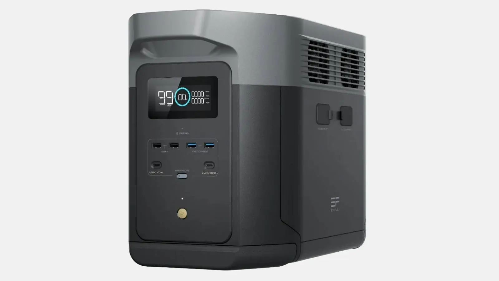 EcoFlow Delta 2 Max Powerstation in Schwarz mit Display und USB-Anschlüssen vor weißem Hintergrund.