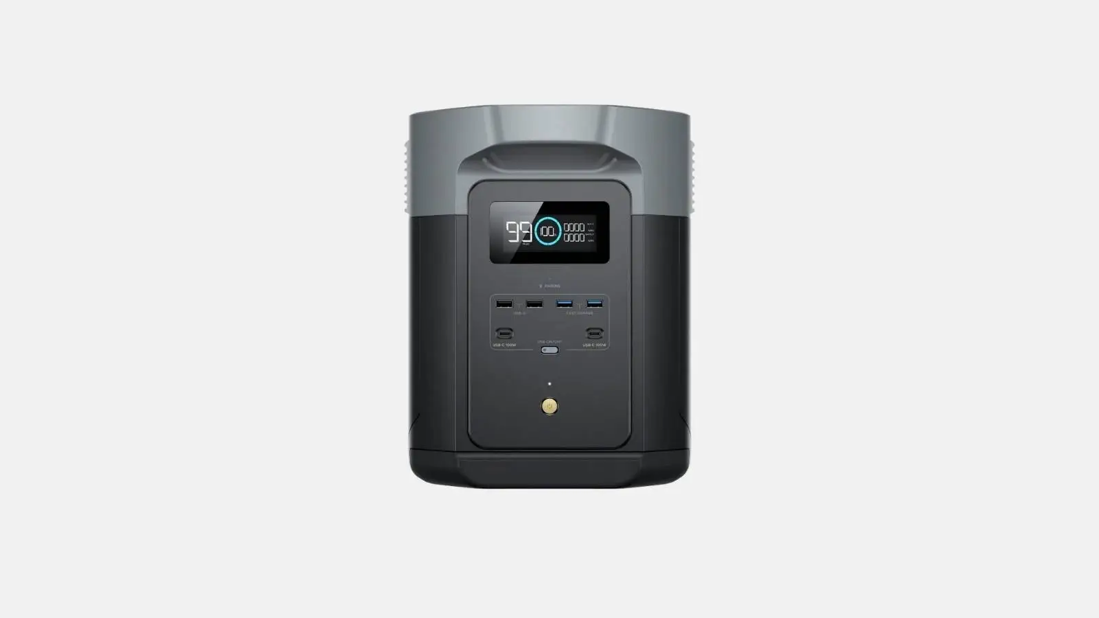 EcoFlow Delta 2 Max Powerstation in der Frontansicht mit Display und Anschlussfeld vor weißem Hintergrund.