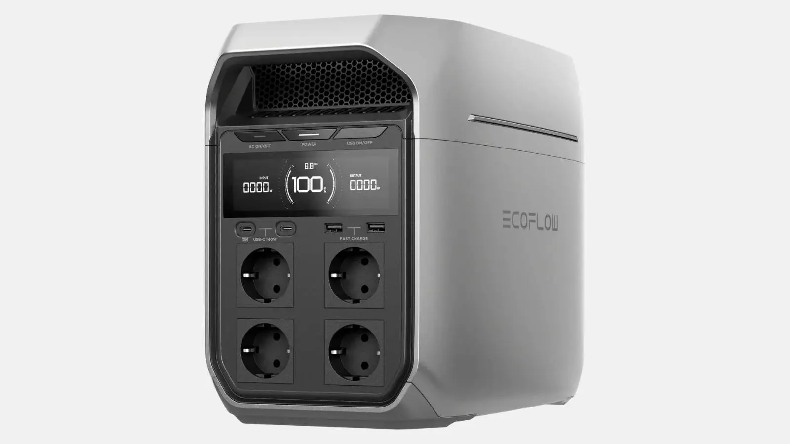 EcoFlow Delta 3 Plus Powerstation in Silbergrau mit Display, vier Schuko-Steckdosen und USB-Anschlüssen vor hellem Hintergrund.