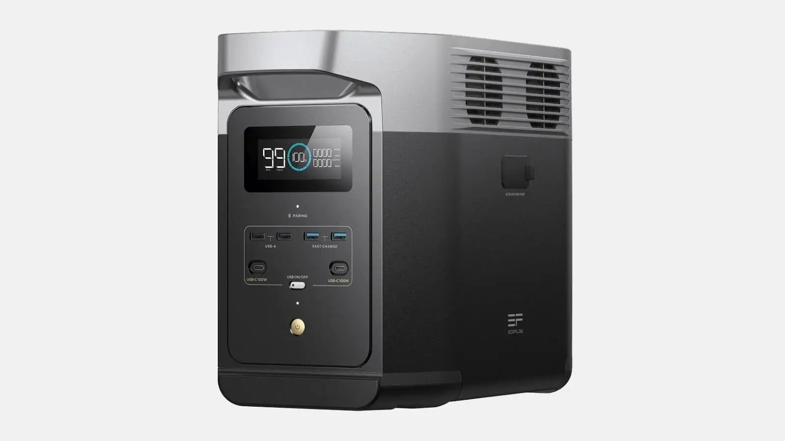 EcoFlow Delta 2 Powerstation in Schwarz mit Display und USB-Anschlüssen vor weißem Hintergrund.