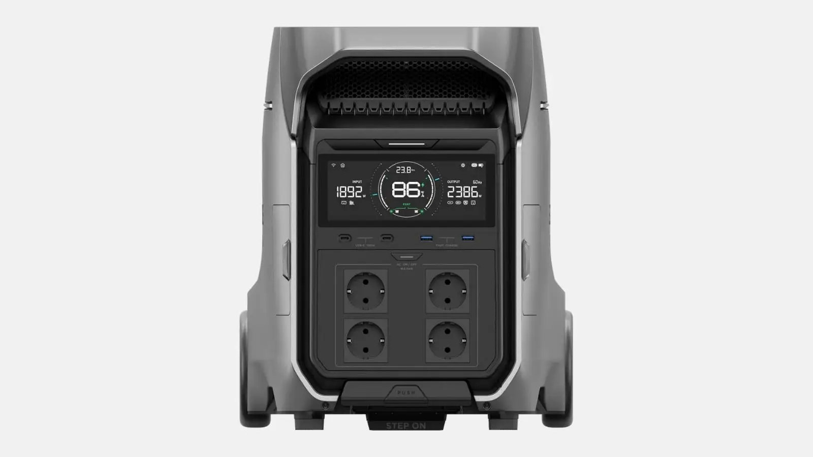 EcoFlow Delta Pro 3 Powerstation in Silbergrau in Frontansicht mit Display, USB-Anschlüssen und vier Steckdosen.