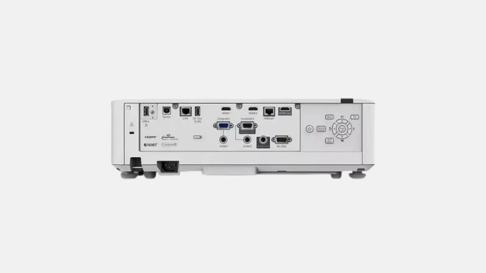 Epson EB-L530U Laser-Beamer in Weiß mit rückseitigem Anschlussfeld mit HDMI und LAN vor hellem Hintergrund.