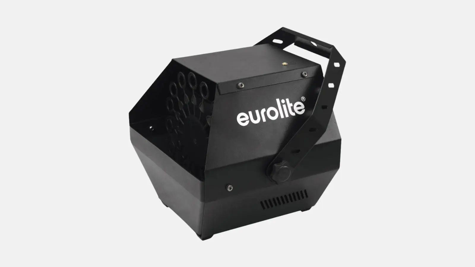 Eurolite B-90 Bubble Machine Seifenblasenmaschine in Schwarz mit Tragebügel vor hellem Hintergrund.
