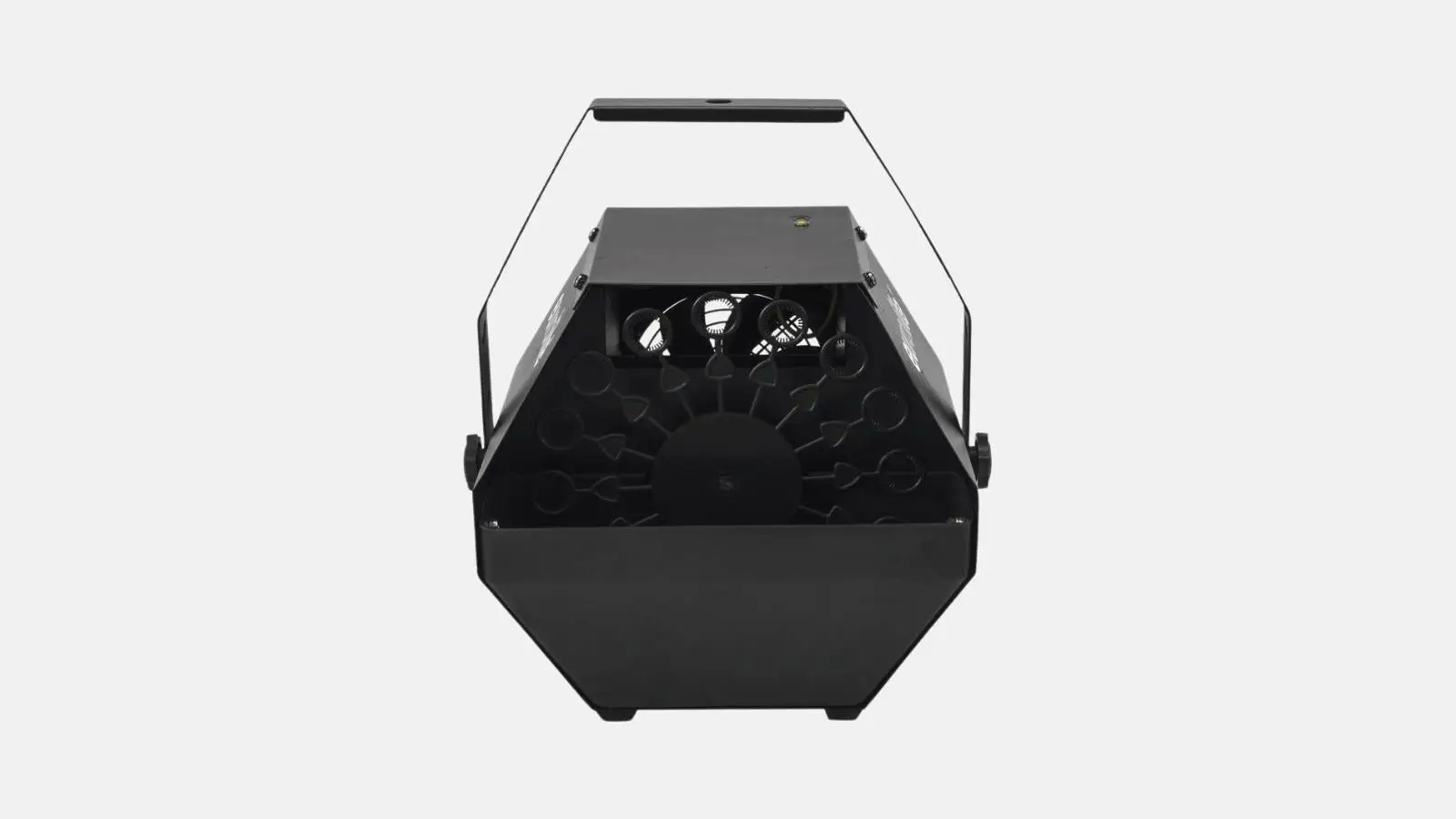 Eurolite B-90 Bubble Machine Seifenblasenmaschine in Schwarz in Frontansicht mit rotierendem Blasenrad vor weißem Hintergrund.