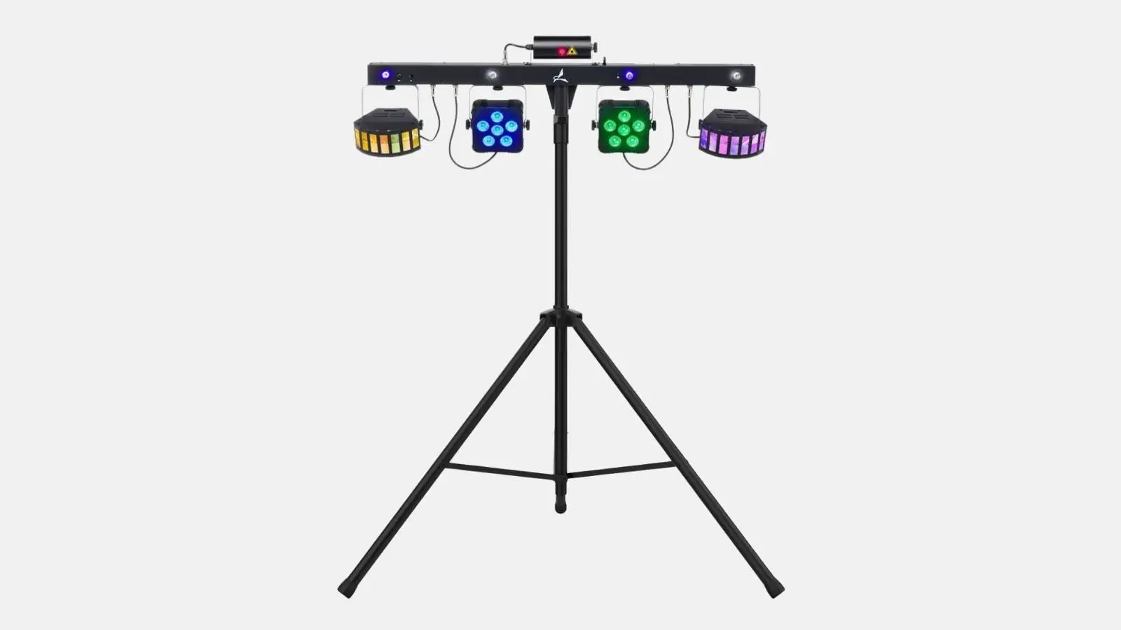 Eurolite LED KLS Laser Bar Pro FX-Set Lichtanlage auf Stativ mit vier Lichteffekten und Laser vor hellem Hintergrund.