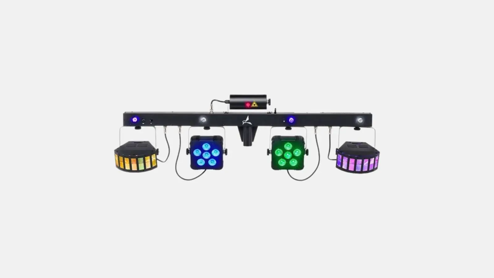 Eurolite LED KLS Laser Bar Pro FX-Set Lichtleiste mit vier leuchtenden Effektköpfen und Laser vor hellem Hintergrund.