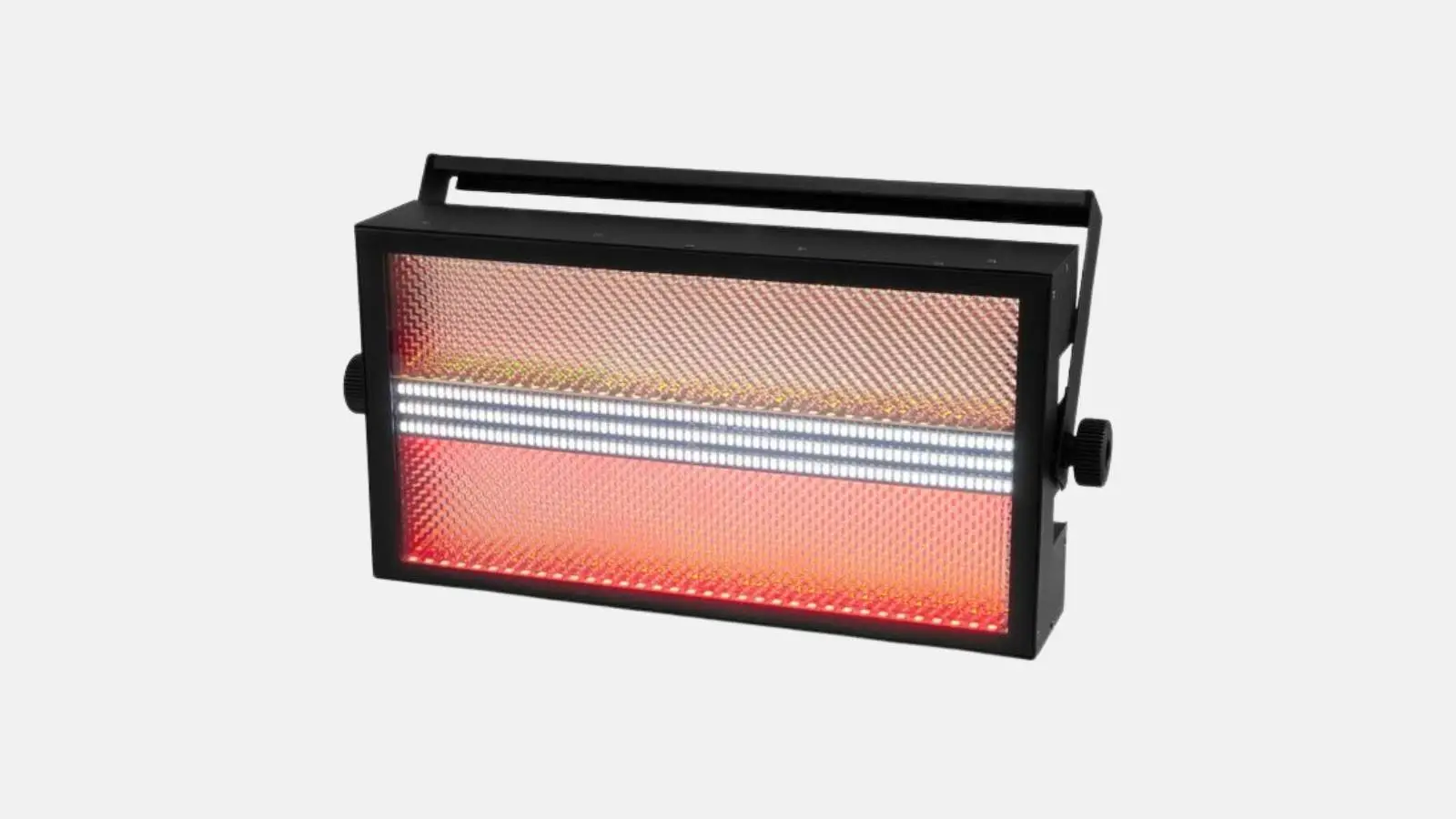 Eurolite LED Super Strobe ABL Stroboskop mit weißer Blitzreihe und orange leuchtendem Ambient-Licht vor weißem Hintergrund.