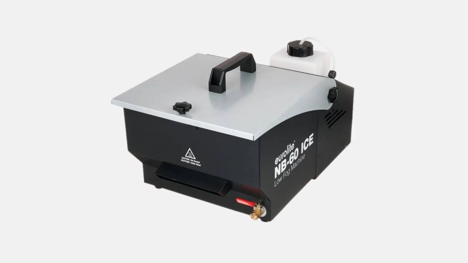 Eurolite NB-60 ICE Bodennebelmaschine in Schwarz mit silberner Abdeckung, Tragegriff und Fluidtank vor weißem Hintergrund.