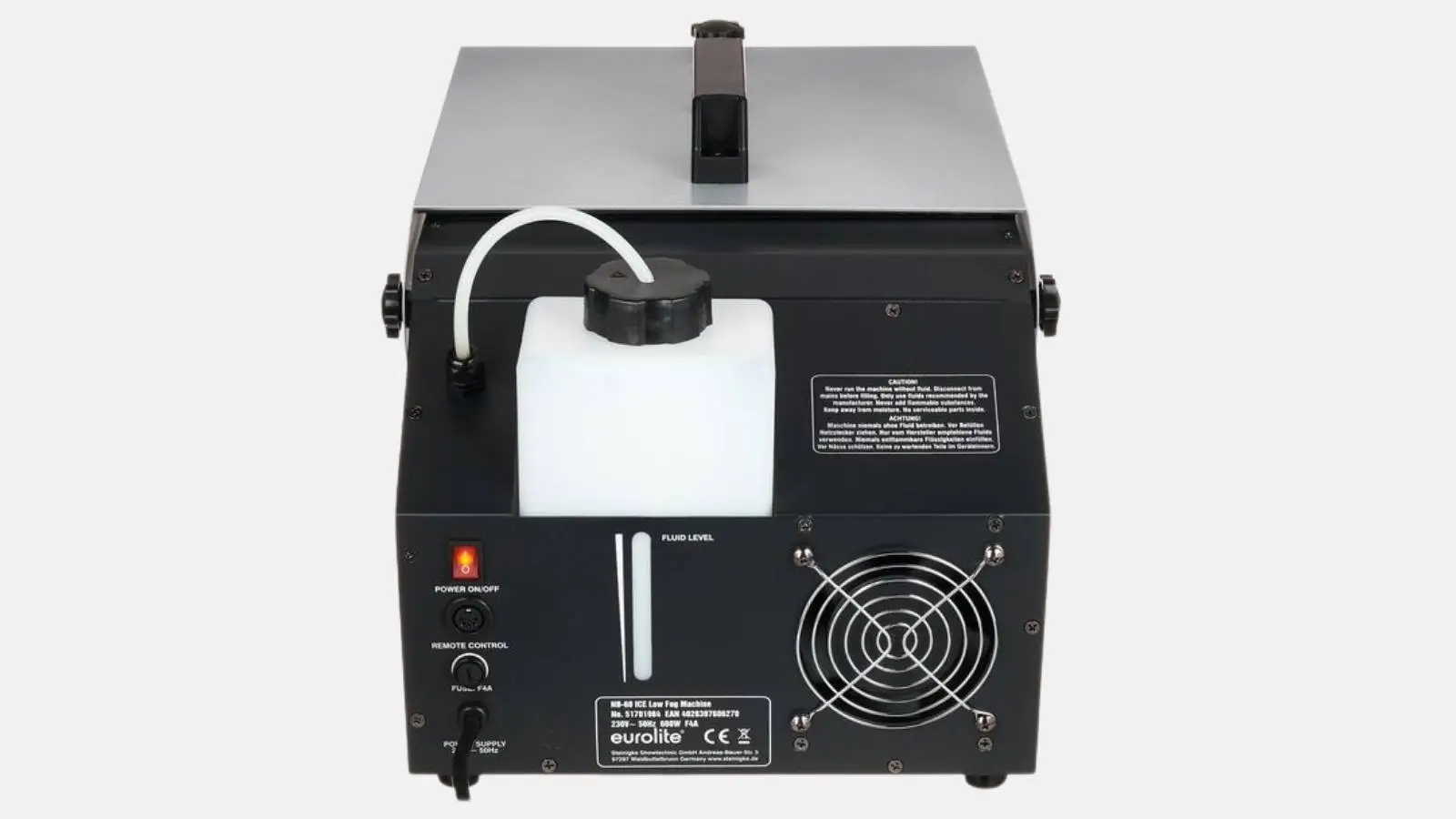 Eurolite NB-60 ICE Bodennebelmaschine von hinten mit Lüftergitter, Fluidbehälter und Bedienfeld vor weißem Hintergrund.