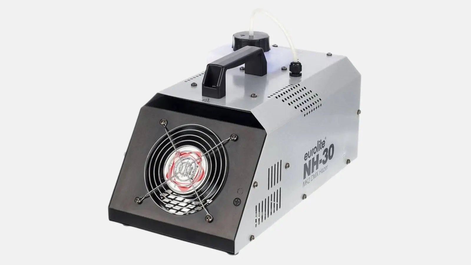 Eurolite NH-30 MK2 DMX Dunstnebelmaschine in Silber mit Lüftergitter und Tragegriff vor weißem Hintergrund.
