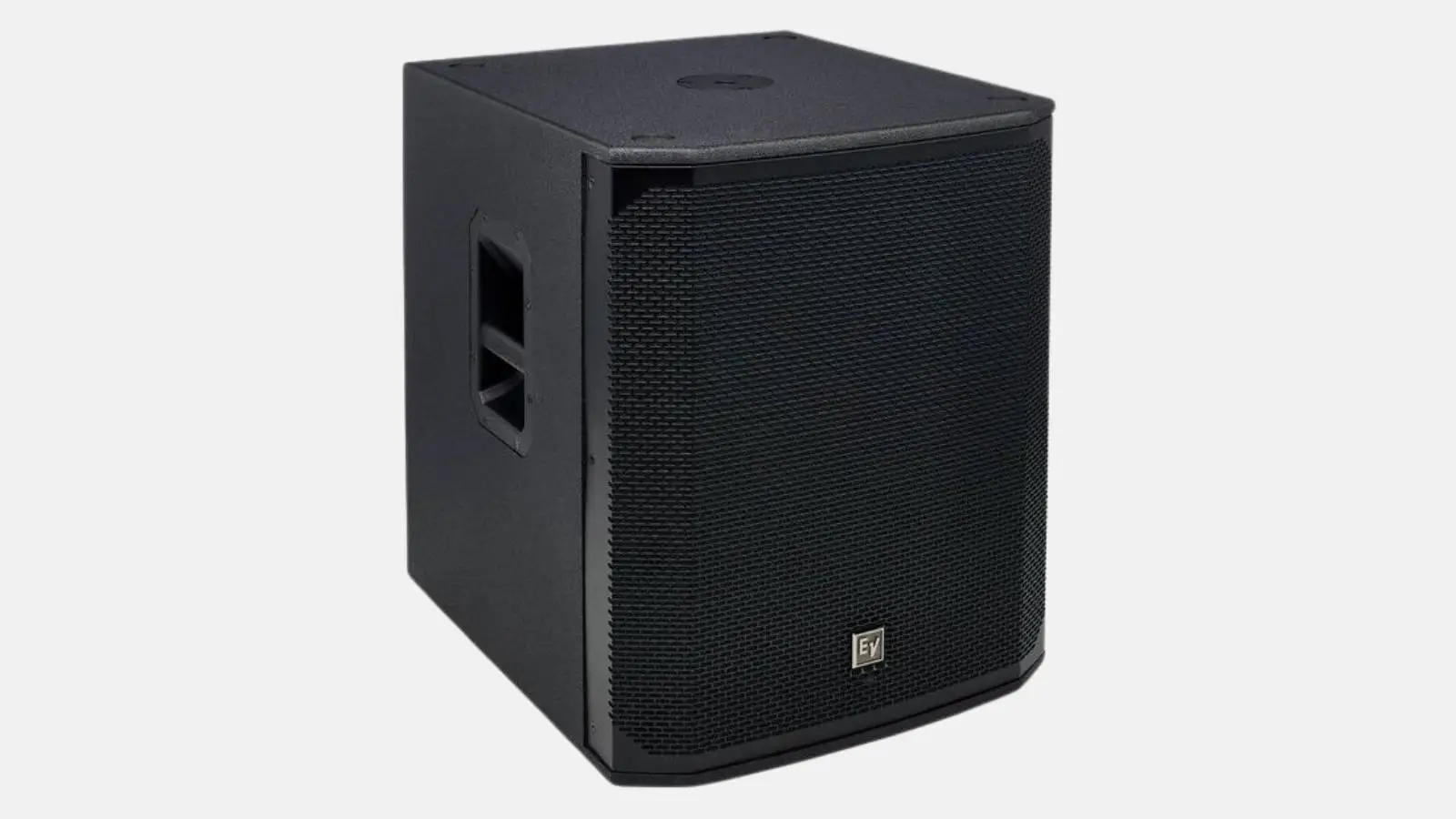 EV ELX200 Subwoofer der PA-Anlage in Schwarz mit seitlichem Griff vor weißem Hintergrund.
