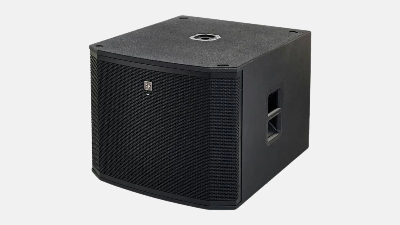 EV ETX-18SP Subwoofer in Schwarz mit Frontgitter und seitlichem Griff vor weißem Hintergrund.