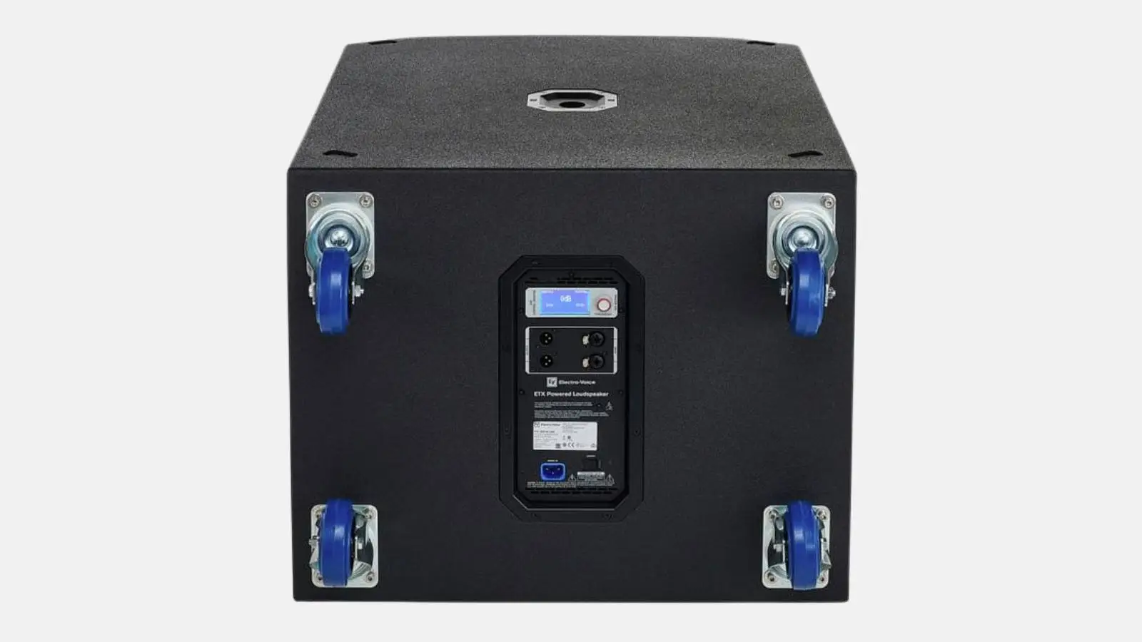 EV ETX-18SP Subwoofer von hinten mit Verstärkerpanel und blauen Transportrollen vor weißem Hintergrund.