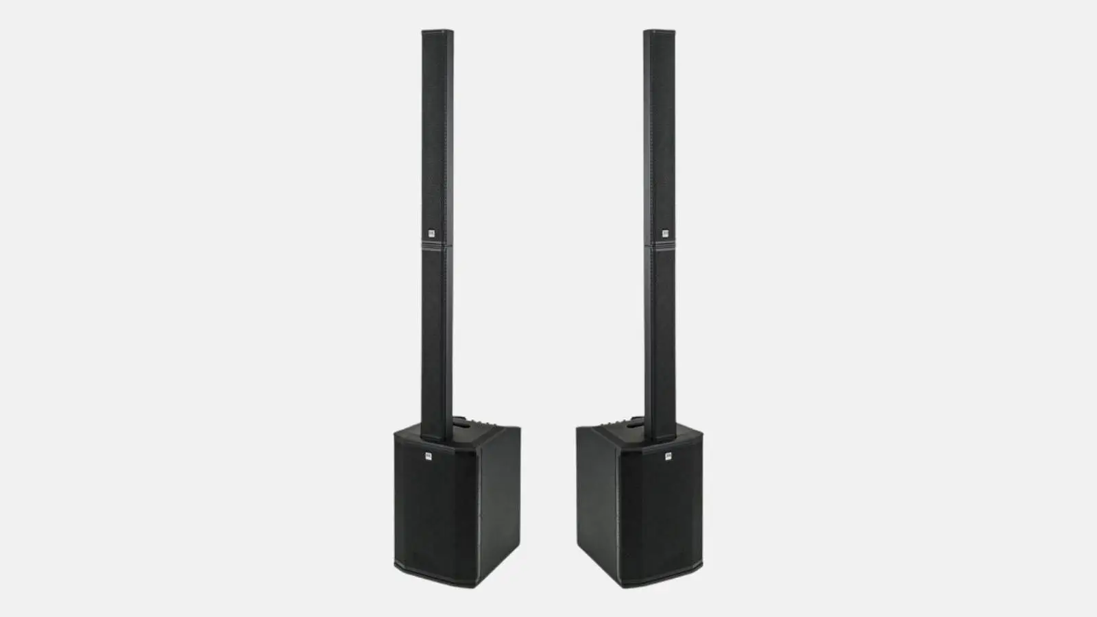 HK Audio Polar 10 MK2 Säulen-PA-System in Schwarz als Paar mit zwei Subwoofern und Säulenlautsprechern vor hellem Hintergrund.