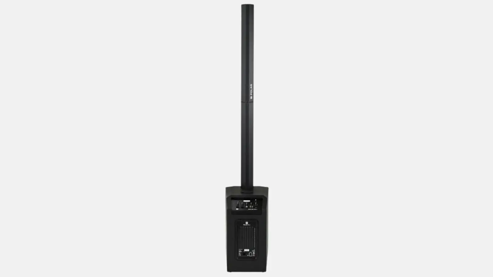 HK Audio Polar 10 MK2 Säulensystem in Schwarz von hinten mit Anschlussfeld am Subwoofer und Säule vor hellem Hintergrund.