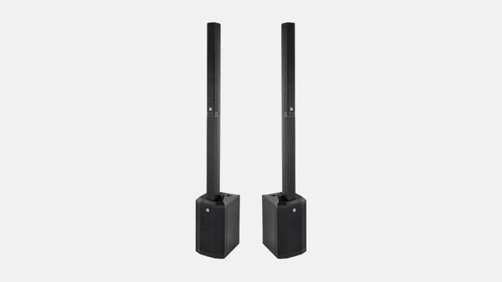 HK Audio Polar 8 Säulen-PA-System in Schwarz als Paar mit zwei Subwoofern und Säulenlautsprechern vor hellem Hintergrund.