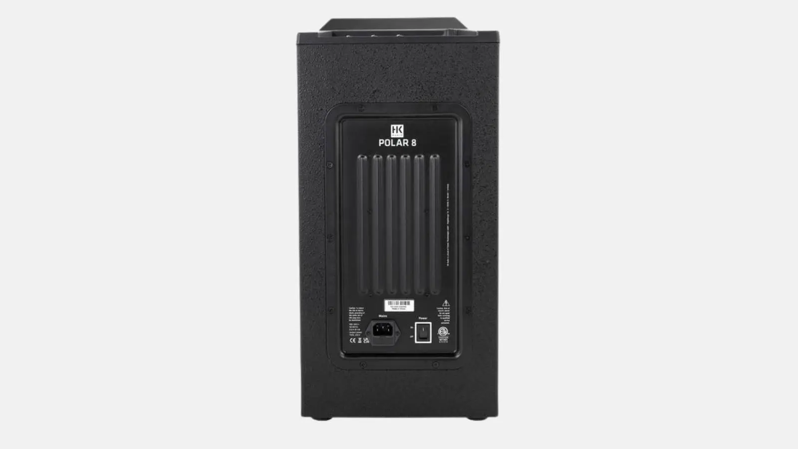 HK Audio Polar 8 Subwoofer in Schwarz von hinten mit Verstärkerpanel und Anschlüssen vor hellem Hintergrund.