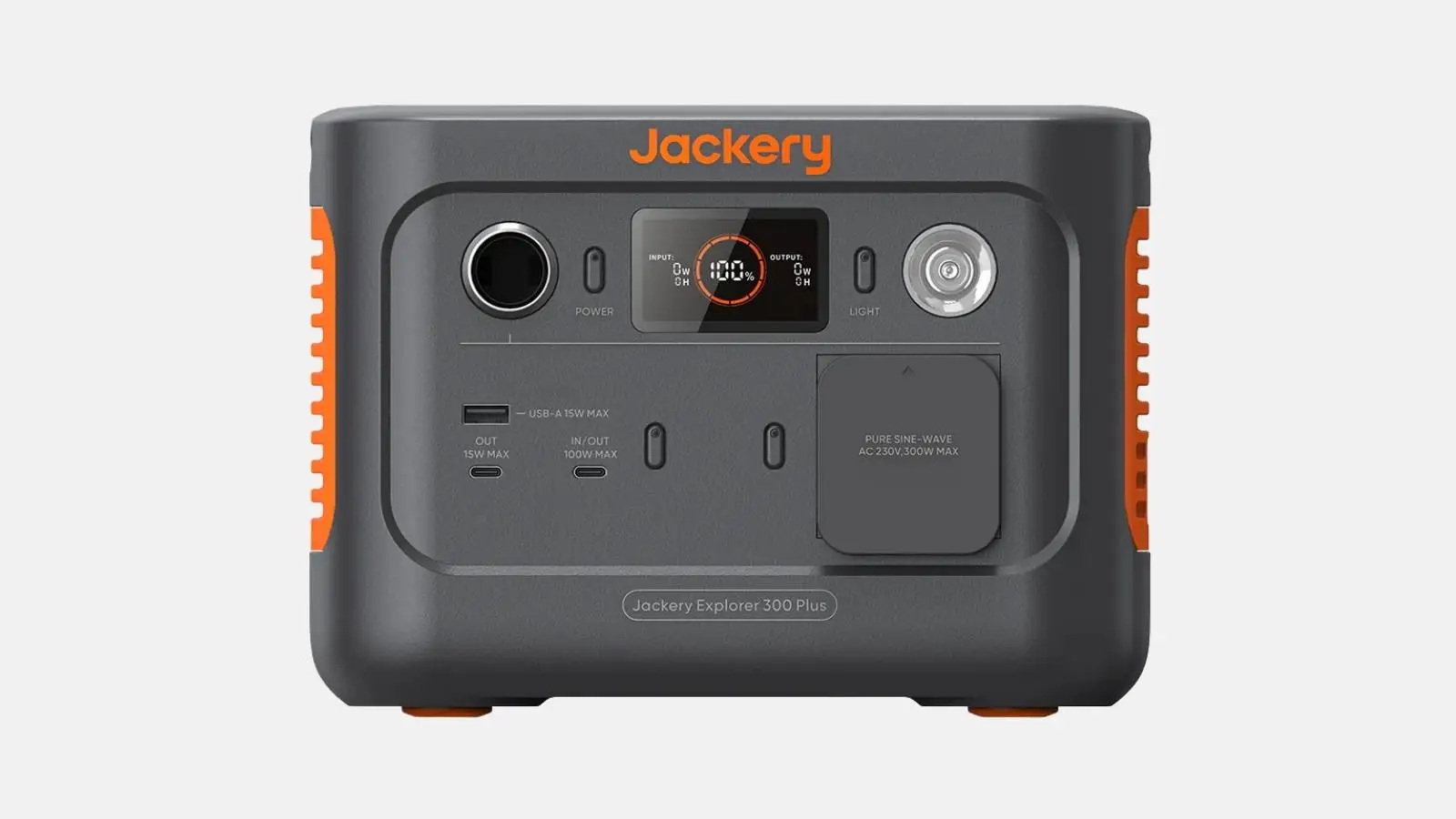 Jackery Explorer 300 Plus Powerstation in Schwarz und Orange mit Tragegriff und Display von vorne vor hellem Hintergrund.