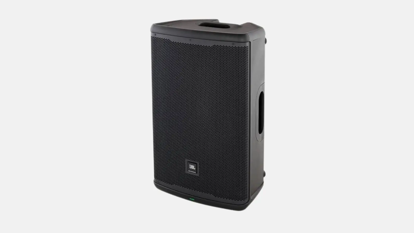 JBL EON715 Fullrange Lautsprecher in Schwarz in schräger Frontansicht vor weißem Hintergrund.