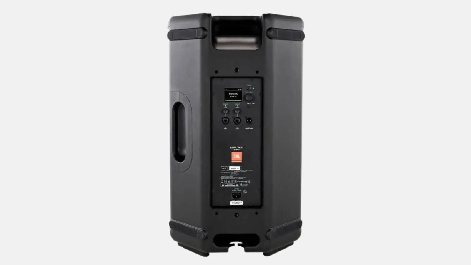 JBL EON715 Fullrange Lautsprecher in Schwarz mit Rückseite und integriertem Mixer-Panel vor weißem Hintergrund.