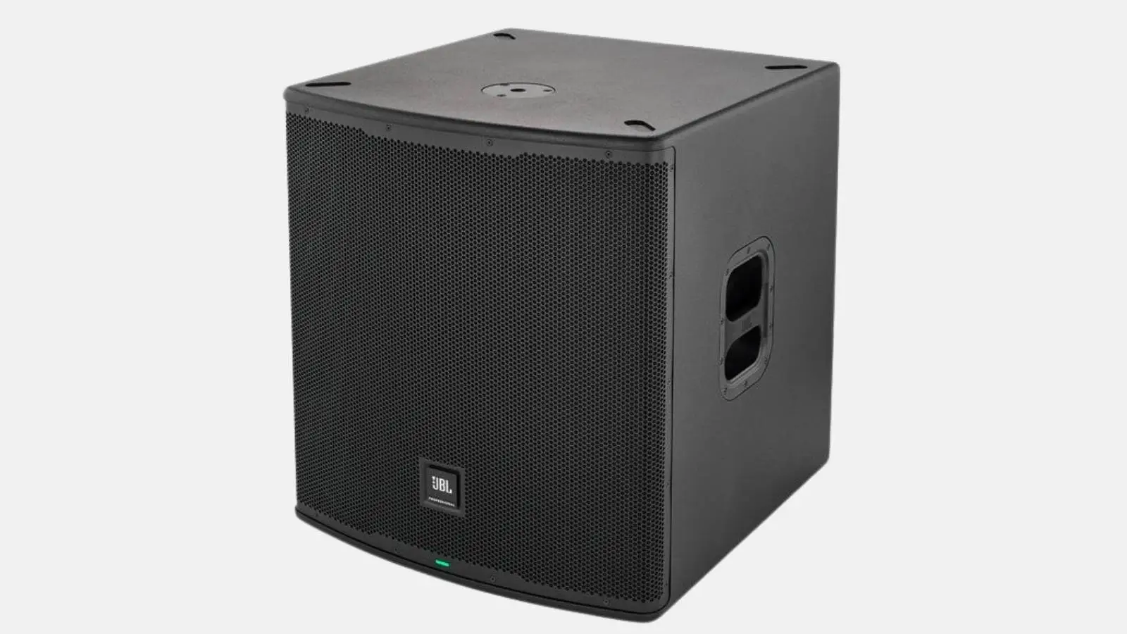 JBL EON718S Subwoofer mit 18-Zoll-Woofer in Schwarz in schräger Ansicht vor weißem Hintergrund.