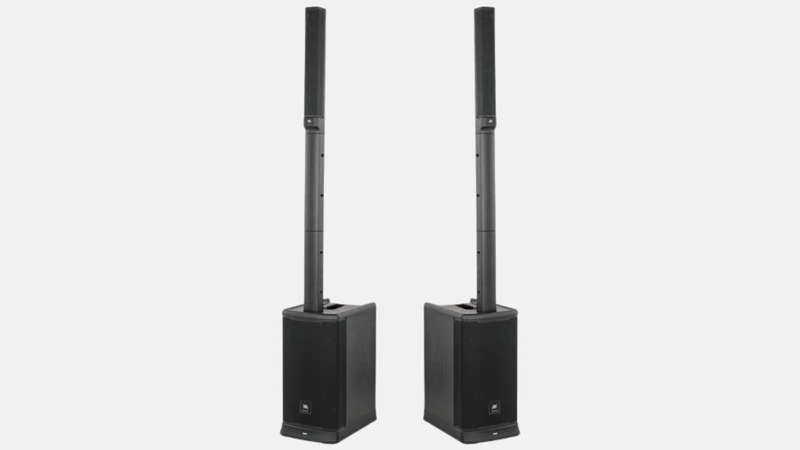 JBL EON ONE MK2 Akku-Säulensystem als Paar mit ausgezogenen Säulenlautsprechern vor weißem Hintergrund.