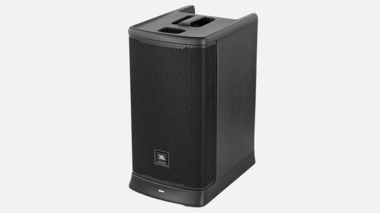 JBL EON ONE MK2 Akku-Säulensystem, Basiseinheit mit Lautsprechergrill in Schwarz in schräger Ansicht vor weißem Hintergrund.