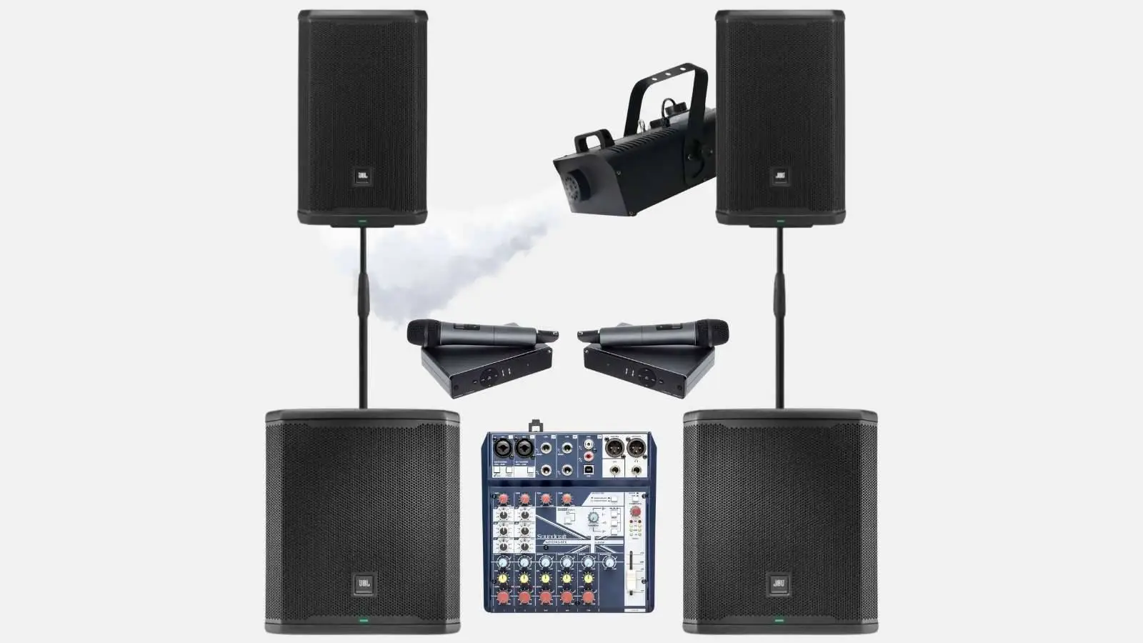JBL Konzert-PA-Paket mit vier Lautsprechern, Nebelmaschine, zwei Funkmikrofonen und Mischpult vor weißem Hintergrund.