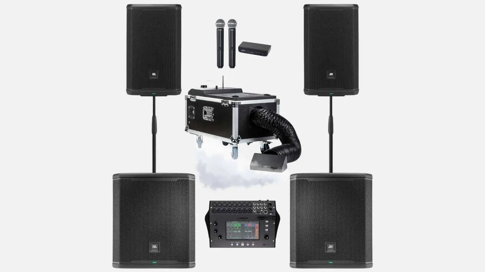 JBL Konzert-PA-Paket mit vier Lautsprechern, Nebelmaschine im Case, zwei Funkmikrofonen und Digital-Mischpult vor weißem Hintergrund.