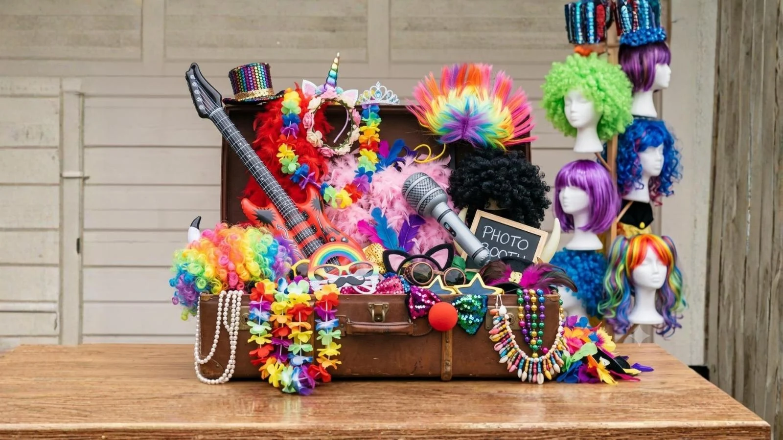 Koffer voller bunter Fotobox-Requisiten mit Perücken, Hüten, Federboas und aufblasbarer Gitarre.