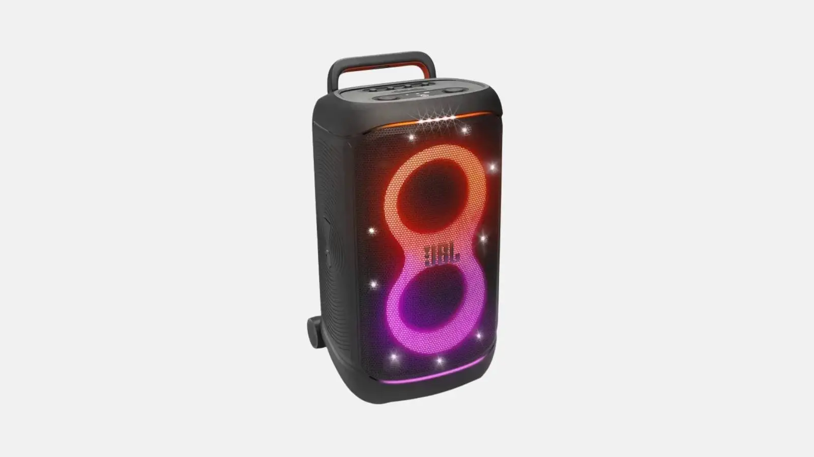 JBL PartyBox 520 Akku-Lautsprecher in Schwarz mit farbiger Beat-Lichtshow vor weißem Hintergrund.