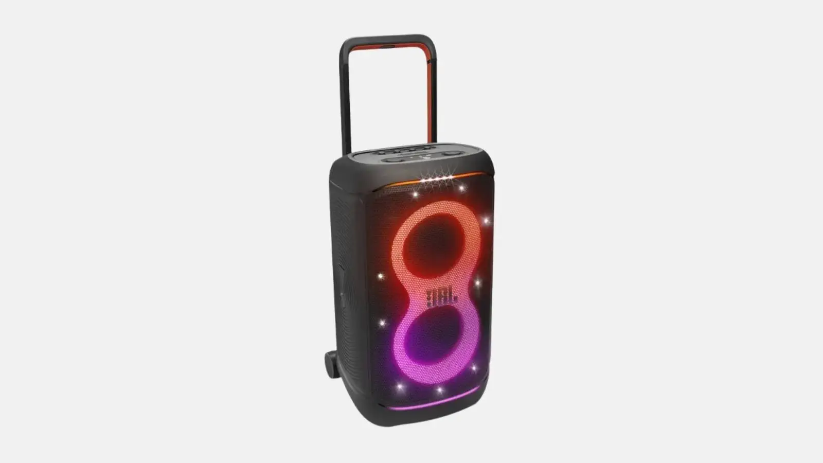 JBL PartyBox 520 Akku-Lautsprecher in Schwarz mit ausgezogenem Teleskopgriff und Lichtshow vor weißem Hintergrund.