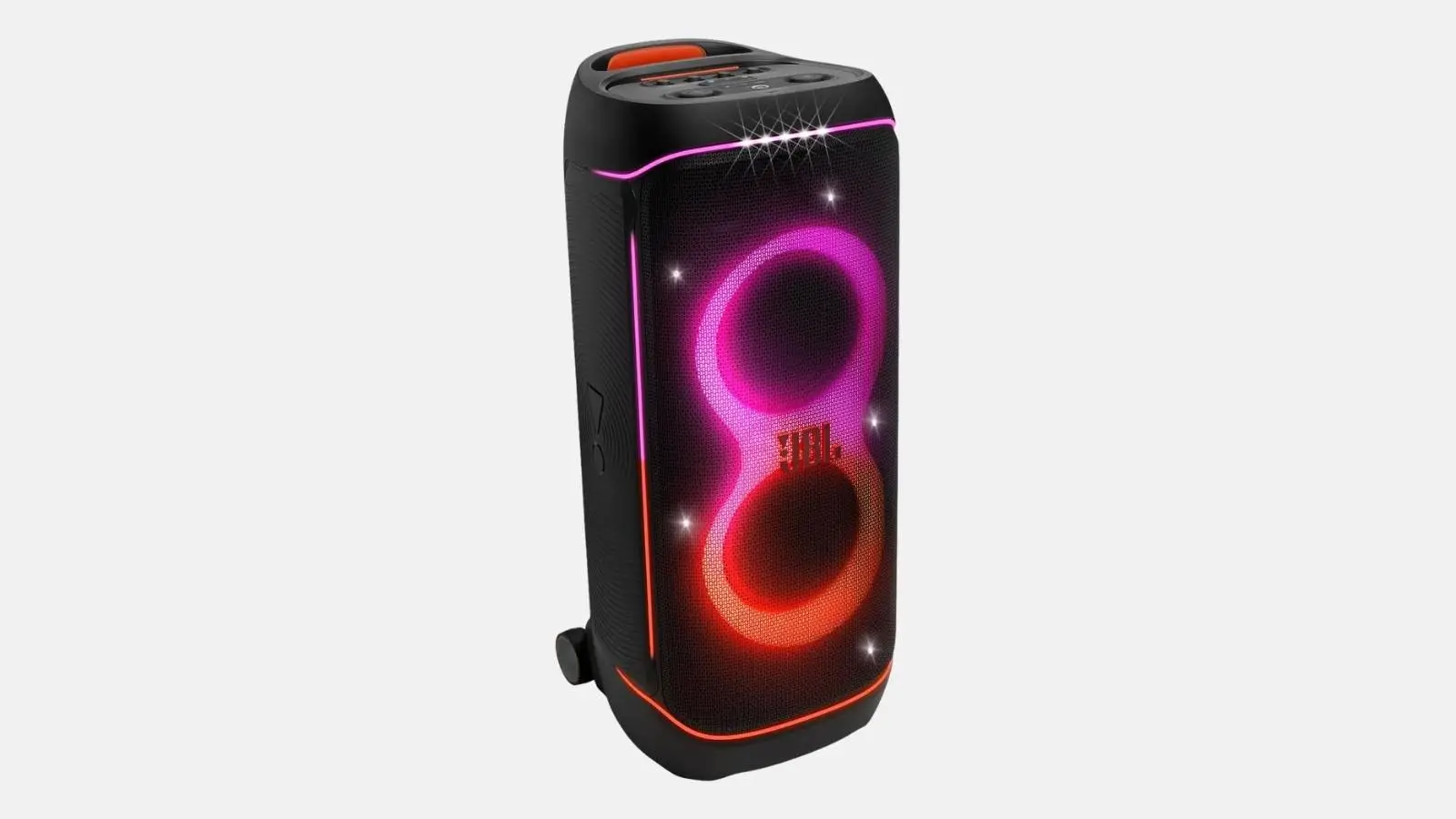 JBL PartyBox 720 Akku-Lautsprecher in Schwarz mit farbiger Lichtshow und Trolley vor weißem Hintergrund.