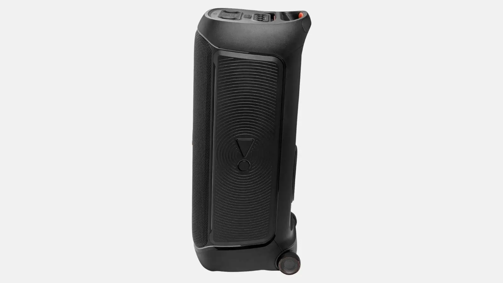 JBL PartyBox 720 Akku-Lautsprecher in Schwarz in Seitenansicht mit Tragegriff und Transportrolle vor weißem Hintergrund.