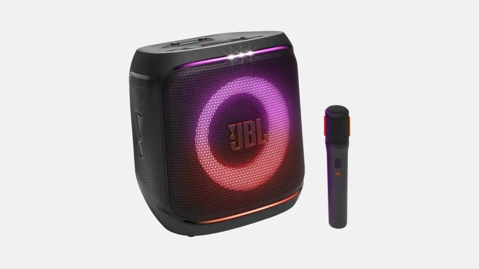 JBL PartyBox Encore 2 Akku-Lautsprecher in Schwarz mit farbiger Lichtshow und Funkmikrofon vor weißem Hintergrund.